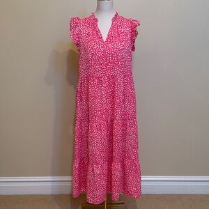 THML Pink Abstract Print Tiered Midi Dress | Flutter Sleeve V-Neck | Size M